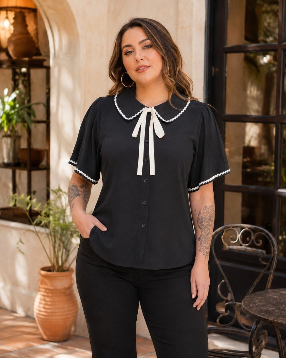 Tulip B XL Black Cream Peter Pan Collar Bow Blouse Flutter Sleeve NWT